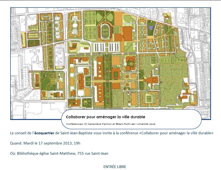 affichette: carte urbaine d'un quartier dont les zones sont colorées. Mentionne le titre, le lieu et les conférenciers et ajoute: Entrée libre.