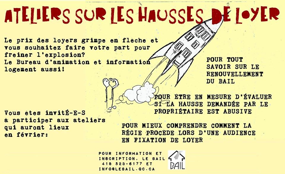 Affichette : dessin simple du lancement d'une fusée spatiale. Le prix des loyers grimpe en flèche et vous souhaitez faire votre part pour freiner l'explosion ?  Le Bureau d'animation et d'information logement aussi !