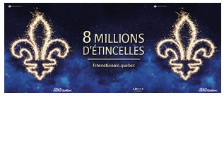 Affichette : 8 millions d'étincelles. Deux fleurs de lys composées de petits points de lumière. Sur fond de ciel la nuit.