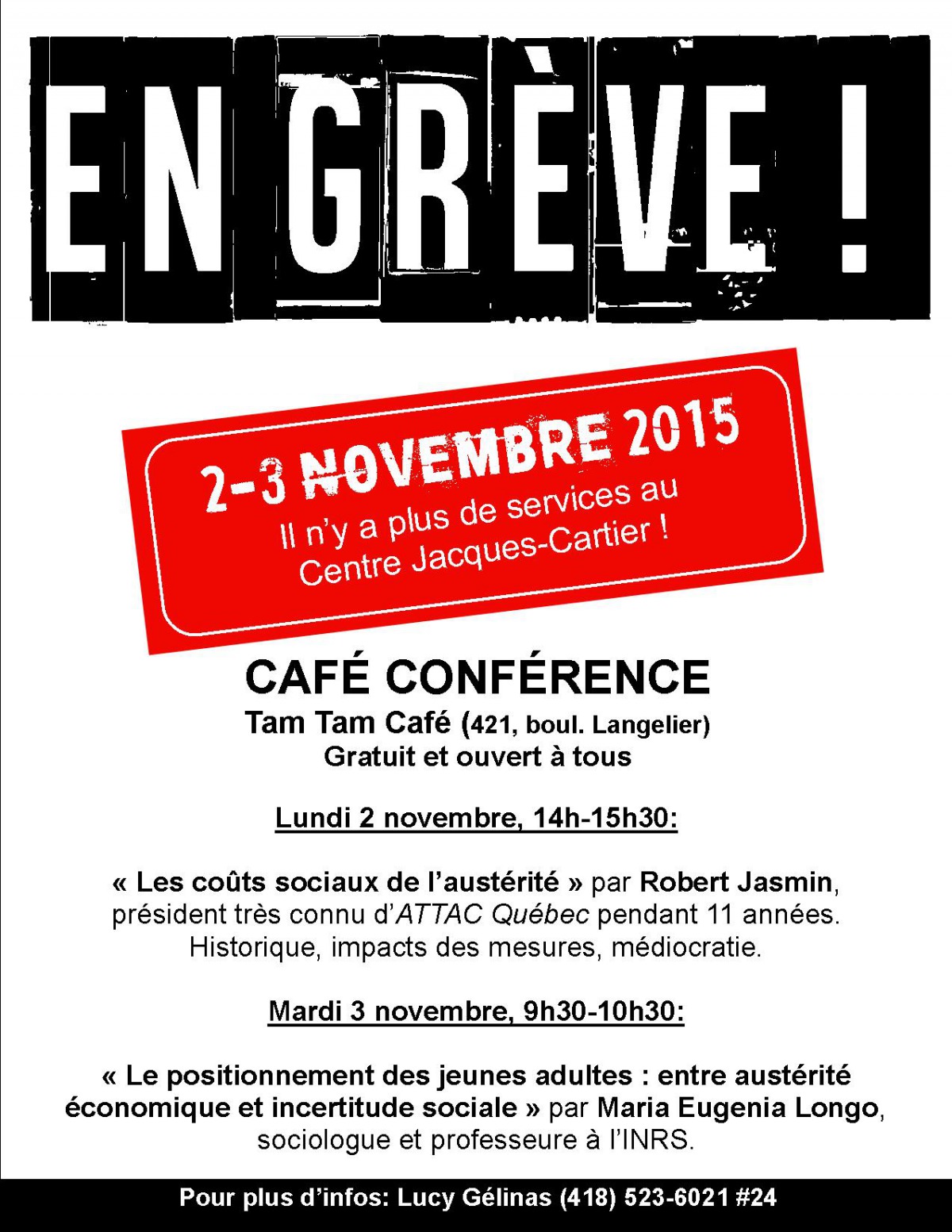 Affiche : EN GRÈVE ! 2-3 novembre 2015. Café conférence ...