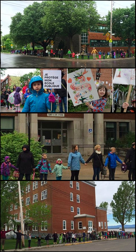 Mosaïque de 5 photos de juin: trois sont des parents et enfants se tenant la main devant leur école ; 1 est un enfant tenant une affiche Je protège mon école publique ; 1 autre enfant souriante avec une pancarte colorée avec des coeurs Je protège mon école publique. Très belles photos.