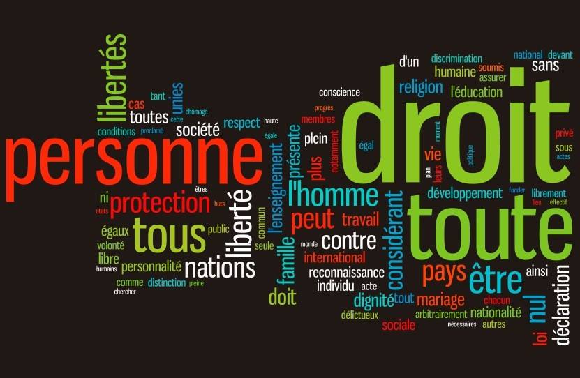 Mosaïque ou nuage de mots sur fond noir : personne, tous, droit, toute, libertés, contre, être, nations, protection (et plusieurs autres).