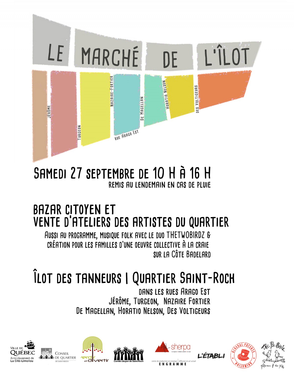 Affiche du Marché de l'Îlot, colorée avec comme logo la carte imagée de l'Îlot des tanneurs du quartier Saint-Roch. 9 logos d'organismes. Détails transcrits dans l'annonce.
