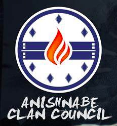 Anishnabe Clan Council - cercle avec 7 petits losange, une flamme au milieu.