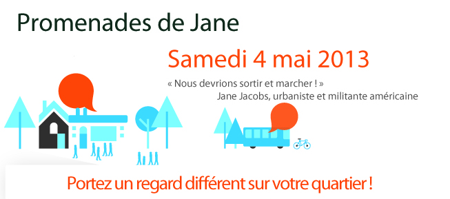 bannière : dessins en carrés simples et colorés d'arbres, maisons, bonhommes allumettes, train, vélo, mais avec deux bulles de parole orange [sans texte]. Portez un regard différent sur votre quartier!