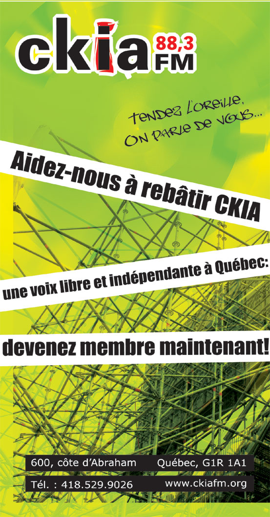 Affiche de ckia fm sur fond vert-jaune: une voix libre et indépendante à Québec. Devenez membre maintenant.