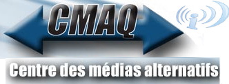 [image - logo du Centre des médias alternatifs du Québec: simple CMAQ avec un peu de couleur, et le logo du réseau Indymedia: un i avec des vagues de sons]