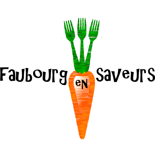 Logo : dessin d'une carotte avec trois tiges vertes mais en forme de fourchettes. Faubourg en saveurs.