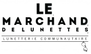 logo : Le Marchand de lunettes - Lunetterie communautaire. Une petite paire accrochée au bas de la seconde phrase.