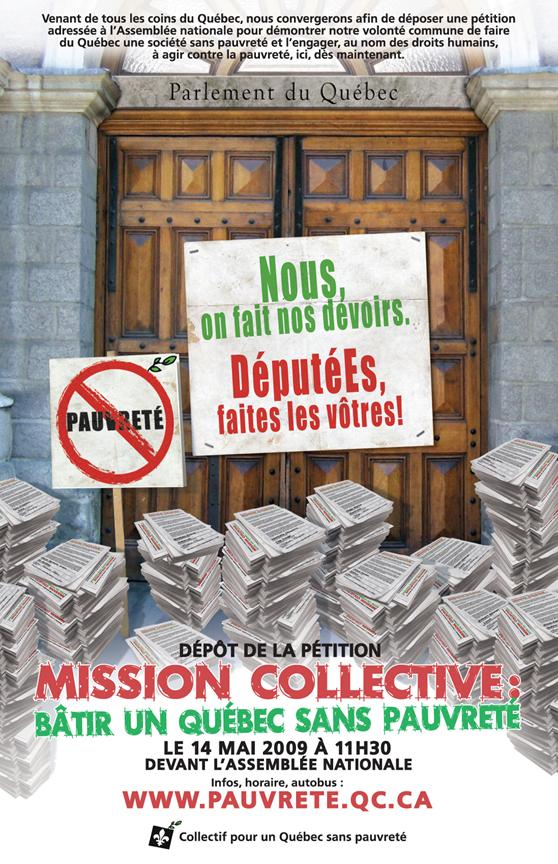 Affiche: porte du parlement avec pancartes se lisant Nous on fait nos devoirs, DéputéEs, faites les vôtres!