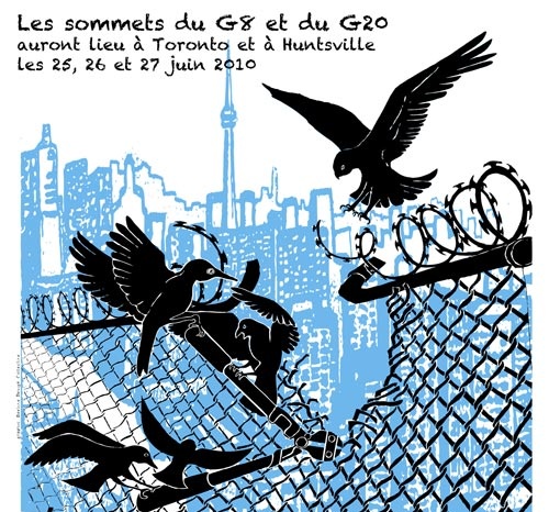 Très beau dessin: des oiseaux s'unissent pour couper une cloture de métal, sur fonds bleauté de la ville de Toronto.