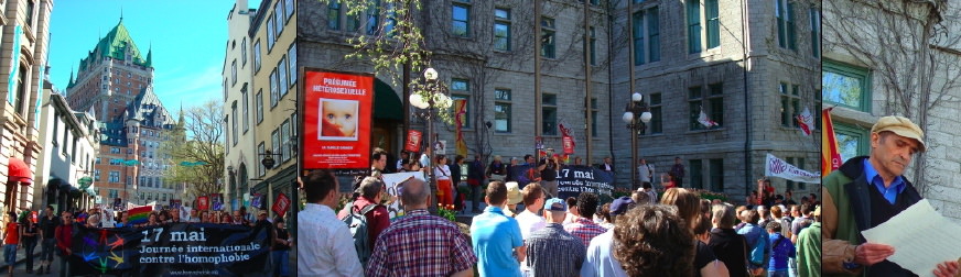 17 mai 2008 - Journée internationale contre l'homophobie, à Québec [trois photos] i- la manif vue de devant avec le Chateau Frontenac derrière. ii- la foule vue de dos, amassée devant l'Hôtel de Ville de Québec iii- cheveux courts, casquette beige, lit un poème [suivre le lien].