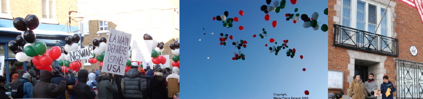 Trois images sur la manif contre les bombardements contre Gaza en janvier 2009: i- des ballons blancs, noirs, rouges et verts sont tenus lors d'une marche contre la guerre ii- les ballons sont libérés dans les airs! iii- Trois membres du Collectif de Québec pour la paix sont devant le Consulat USA à Québec pour remettre une lettre à Obama.