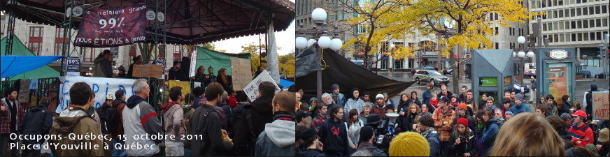 Deux photos: 1. Plein de gens sous le chapiteau de la Place d'Youville avec la bannière 99% Il n'étaient grands que parce que nous étions à genoux. 2. Une foule, en cercle, surtout des étudiant.es. Derrière un belle arbre aux  feuilles jaunes et l'Hôtel des gouverneurs.