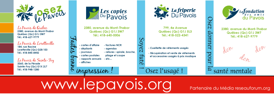 Bannière promotionnelle: plusieurs logo selon les services, tous avec un ou plusieurs formes humaines élancées comme en mouvement. Québec: 627-9779. Loretteville: 845-8442. Ste-Foy: 948-1280. Ou cliquez pour le site Internet.