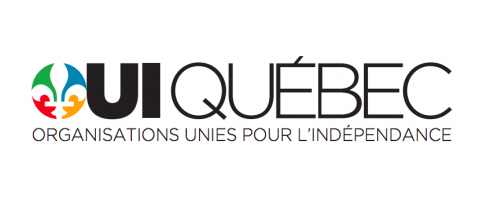 Logo OUI Québec. Le O est une fleur de lys blanche au sein d'un cercle divisé en trois couleurs: vert, jaune et rouge.