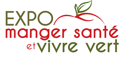 Logo simple: les mots « Expo manger santé et vivre vert », couverts d'un trait rouge représentant le dessus d'une pomme avec une tige verte