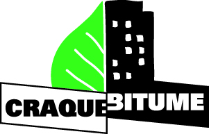 logo de Craque Bitume : moitié feuille verte, moitié bâtiment noir avec des fenêtres blanches.