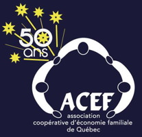 Logo de l'ACEF de Québec - Association coopérative d'économie familliale - Formes de trois personnes, vues de dessus, se tenant la main. Au bas de leur union sont les lettres ACEF.