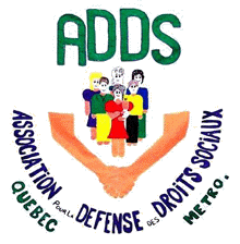 Logo de l'ADDS-QM - Asso de Défense des droits sociaux, section Québec métropolitain. Dessin: entre deux mains rejointes, on voit des gens colorés. Le sigle est en vert.