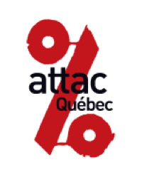logo : entre les lettres ATTAC et Québec, il y a un point rouge, une mince ligne rouge et le mot Québec est souligné d'un trait rouge