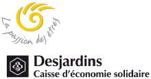 Caisse d'économie solidaire Desjardins. La passion des êtres. Sorte de spirale jaune à quatre griffes. Logo Desjardins, soit un hexagone au sein duquel il y a ce qui semble des cellules de nid d'abeilles.