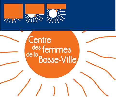 Logo du Centre des femmes de la basse-ville : soleil orange, plusieurs lignes courbes et inégales en jaillissent. Au-dessus, trois séquences de soleil sur lesquelles un carré orange se retire pour le dévoiler.