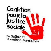 Logo : empreinte rouge d'une main. Coalition pour la justice sociale de Québec et Chaudière-Appalaches