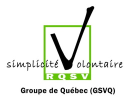 Logo du GSVQ - On voit le mot Simplicité Volontaire, le V est une coche dans une case. Sous-titré RQSV [pour Réseau québécois de la SV] et Groupe de Québec (GSVQ)