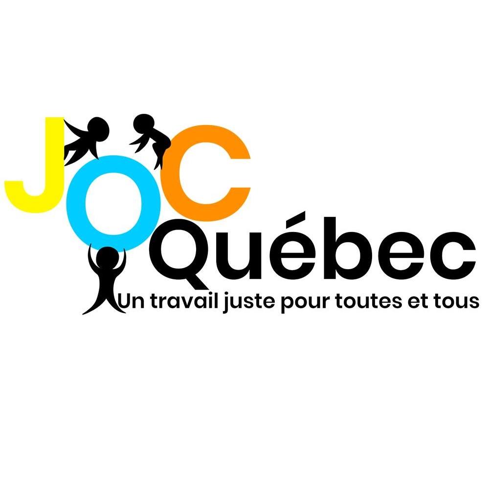 Trois petits bonhommes (ombres noirs) sont autour des lettres JOC - Québec : un travail juste pour toutes et tous.