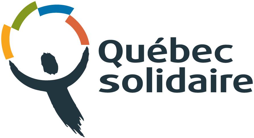 Logo de Québec solidaire - Le haut d'une forme humaine tient au-dessus de sa tête une cercle de quatre barres: jaune, vert, bleu et rouge