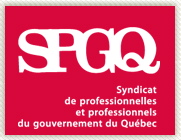 SPGQ - Syndicat de professionnelles et professionnels du gouvernement du Québec [écrit sur fonds rouge-rose]