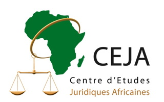 Logo du CEJA - Centre d'études juridiques africaines. Continent africain vert foncé ; cercle d'oré le traverse ; lié à une balance d'or.