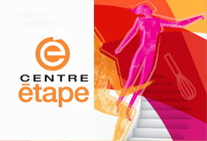 Logo : la lettre e sur un cercle orange. Cette affichette a aussi un dessin de forme féminine rose en vol, sur fond rouge et orange, au-dessus d'un escalier.