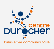 Logo Centre Durocher -loisirs et vie communautaire : des petits cercles bleu et orange, de tailles un peu différentes, forment comme un bonhomme dynamique ou dansant.