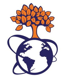 Logo du Centre : un arbre orange, pleine de feuilles oranges, sur un globe terrestre bleu marin avec trois lignes qui font le tour du globe.