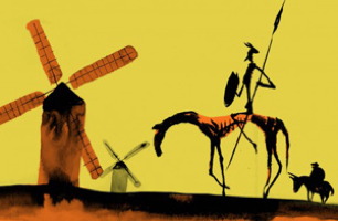Une peinture, sur fond jaune, représentant Don Quichotte, ultra maigre sur un cheval encore plus maigre, tenant une longue lance devant deux moulins à vent (un semble en flamme). Derrière, un homme sur un âne, les deux plus en forme. 