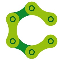 Logo: roue composée de trois maillons de chaîne de vélo, couleur verte lime.