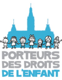 Logo des Porteurs...: devant l'ombre bleu ciel du parlement, sept enfants différents se tiennent pas la main. Dessinés avec des traits simples et ronds.