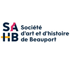 Logo : Société d'art et d'histoire de Beauport. Les lettres SA au-dessus de HB, agrémentées par une courte ligne rose courbée et une ligne courte jaune.