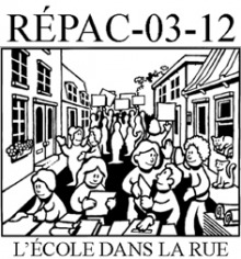 Logo du RÉPAC 03-12 - Dessin d'une foule dans une fête de quartier, on voit des maisons sur les côtés de la rue. Sous-titre: L'école de la rue!