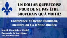 Affichette : Fleur de lys bleu, fond bleu et gris, derrière lequel on discerne vaguement des dessins de billets, dont canadiens.