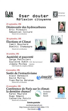 Affiche: liste les cinq conférences avec chacun un petit portrait de l'invité vedette.