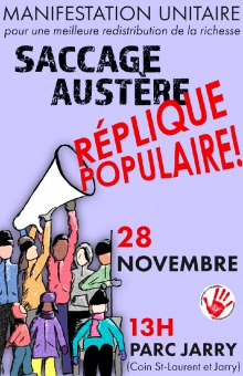 Affiche - Dessin: un cône porte-voix géant est levé par une une dizaine de personnes. Saccage austère - Réplique populaire !