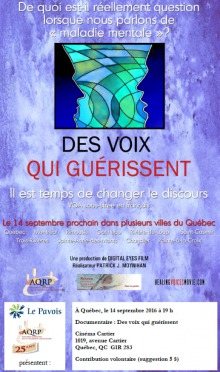 Affiche sur fond de marbre mauve : vitraux mauve et vert représentant deux visages qui se regardent face à face. Healing Voices. Plusieurs logos dont Le Pavois.