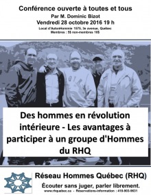 Affiche : Photo noir/blanc floue de cinq hommes côte-à-côte âgés entre 30 et 50 ans. Souriants. - Réseau Hommes Québec - Écouter sans juger, parler librement. 418-903-9631.