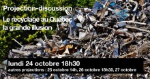 Affiche : photo réelle d'une montagne de déchets. Derrière, une forêt verte.