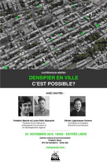Affiche : vue de haut d'un quartier urbain en gris, avec certaines zones en vert. Trois petits portraits des conférenciers.