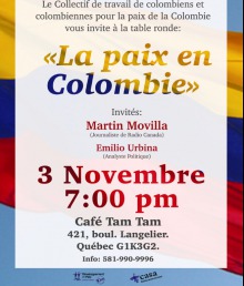 Affiche sur fond de couleurs du drapeau colombien : jaune, bleu, rouge. Logo de Dév. et paix (deux petits bonshommes sur la Terre) et de la CASA latino-américane (oiseau bleu à grand cou et longues plumes).