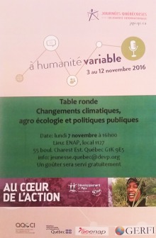 Affiche : au haut, la mention des Journées québécoises de la solidarité internationale jqsi.qc.ca - Slogan : à l'humanité variable 3 au 12 novembre 2016.  Développement et paix, au coeur de l'action. Photo d'une jeune femme asiatique très souriante portant un foulard noir sur la tête. Logo : AQOCI, Relations internationales Québec, AEENAP, GERFI.